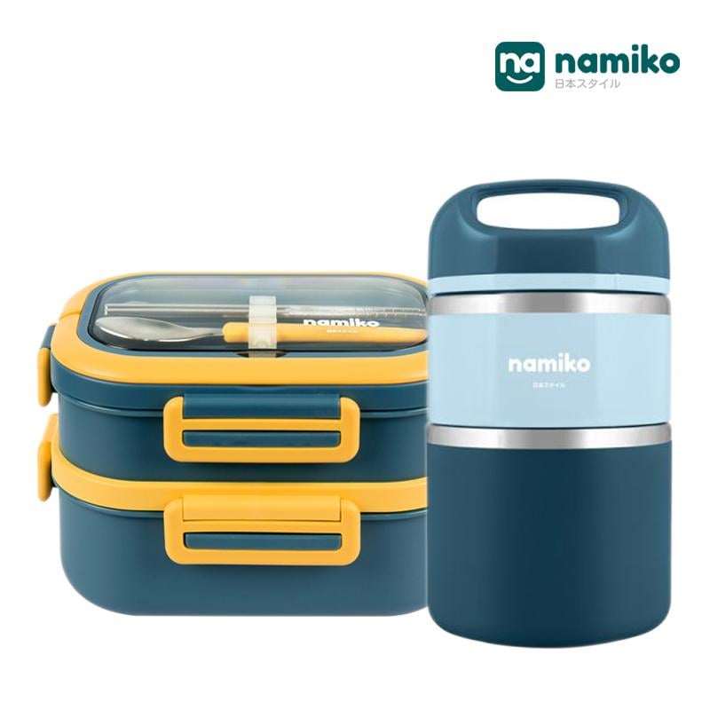 กล่องอาหาร 2 ชั้น พร้อมกระติกสเตนเลสเก็บอุณหภูมิ 2 ชั้น NAMIKO [SHIBUYA SET D] 1.65 ลิตร - สีน้ำเงิน_0